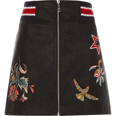 Black faux leather embroidered zip mini skirt
